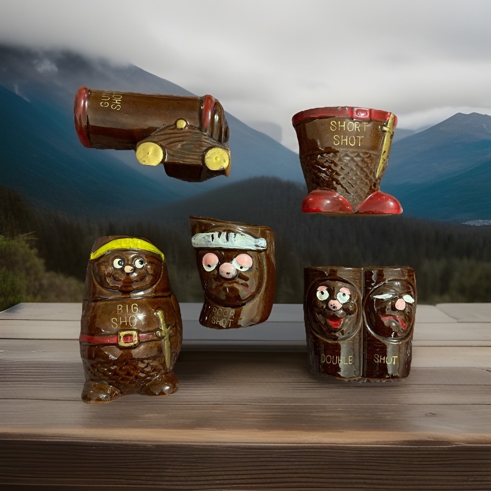 Vtg MCM TIKI HUT Shot Glass, Japan Made Set Of 5: Big, Short, Double, Gun, Poor